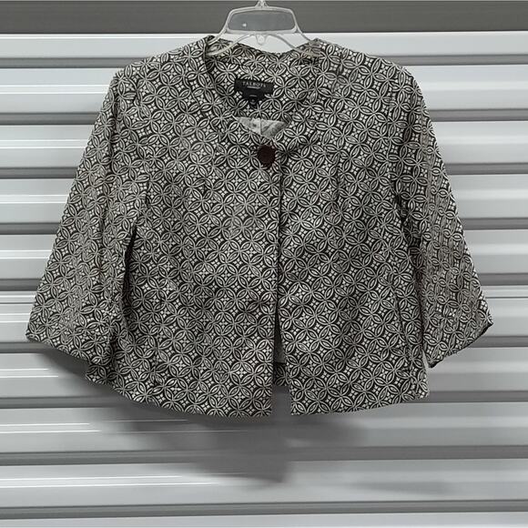 Talbots Womens Medium Brown Geometric Print Cotton Jacket Cropped Fall Blazer - Picture 1 of 7